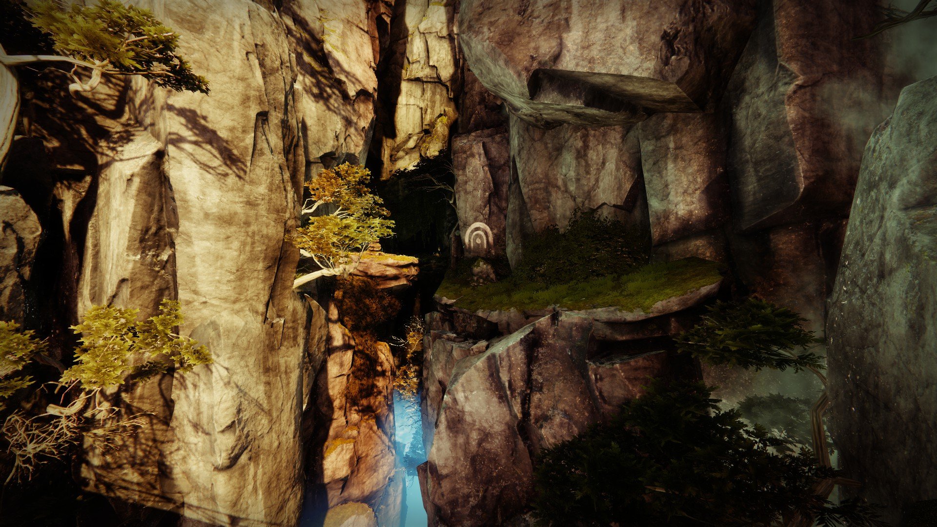 A cliffside with a Lost Sector symbol on the center of the frame and a ledge on the left side.