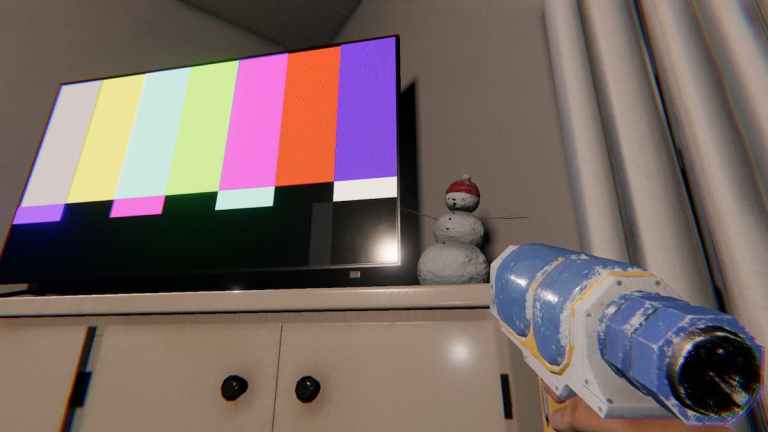 A dancing snowman by the tv.