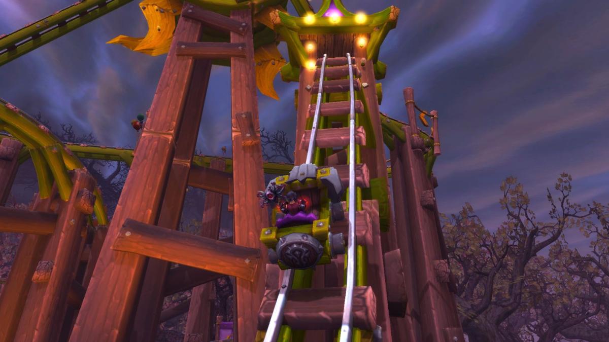 Character going up a rollercoaster in World of Warcraft's Darkmoon Faire.