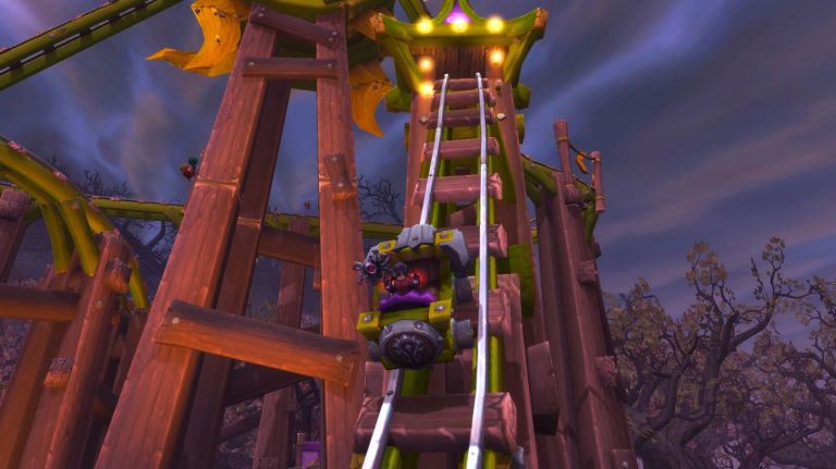 Character going up a rollercoaster in World of Warcraft's Darkmoon Faire.