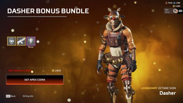 An in game screen shot of a Octane holiday skin in the Apex Legends store.