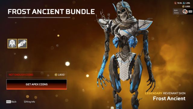 An in game screen shot of a Revenant holiday skin in the Apex Legends store.