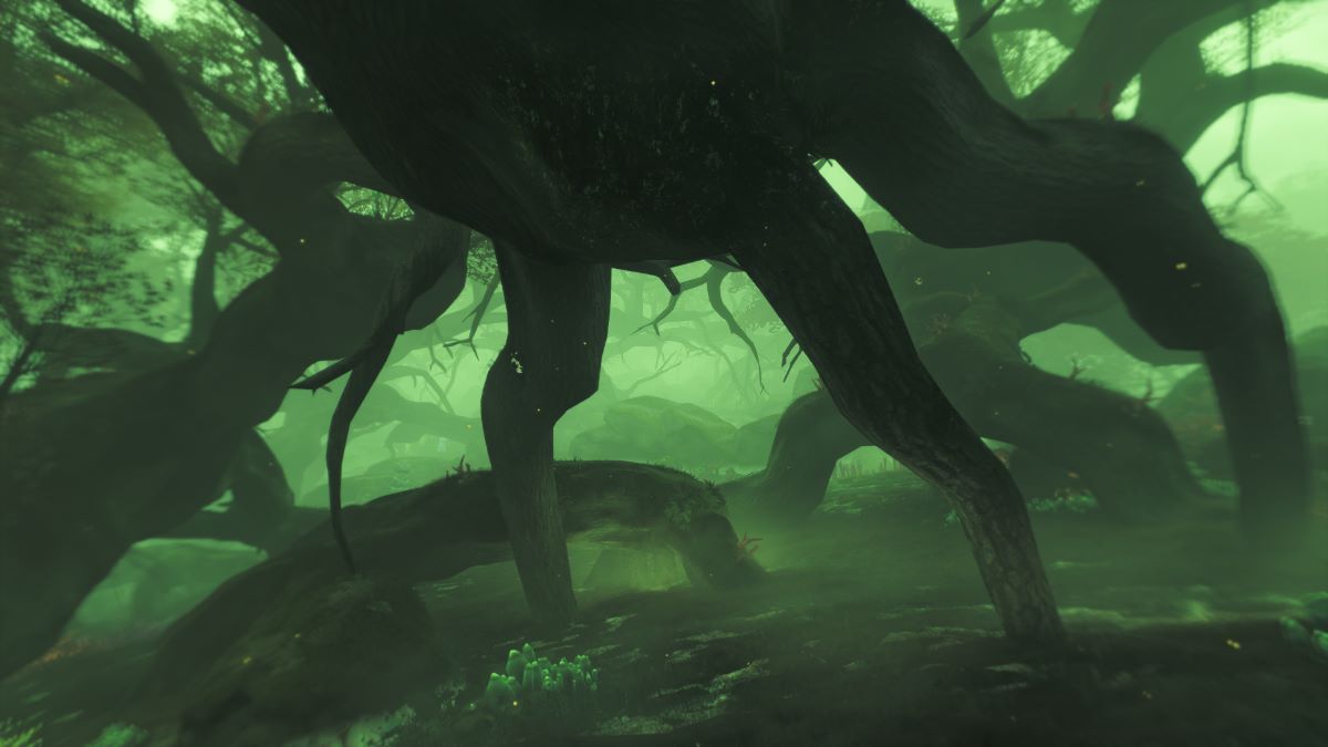 Tree roots surrounded by eerie green fog in Avatar: Frontiers of Pandora