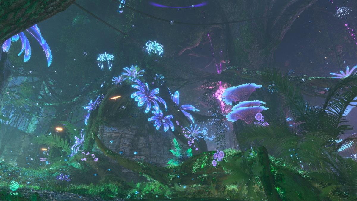 A screenshot of a bio-luminescent forest in Avatar: Frontiers of Pandora.