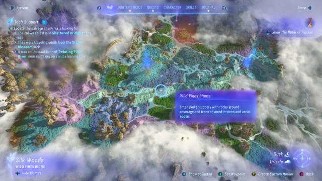 A screenshot of the map in Avatar: Frontiers of Pandora showing biomes.