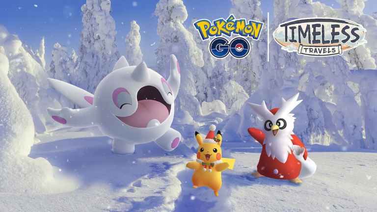 Cetoddle, Pikachu, and Delibird celebrating the snowy weather.