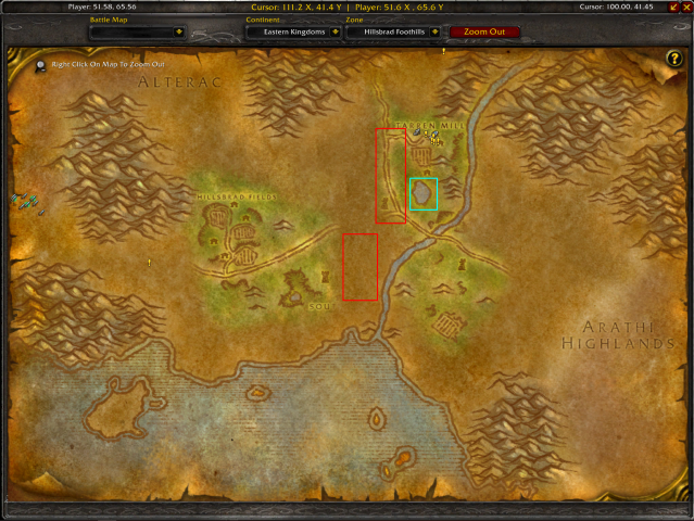 The locations of both Zixil and Koartul in Hillsbrad Foothills in WoW Classic Season of Discovery.