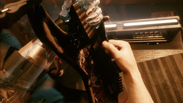 An electric guitar played by a character in first-person view.