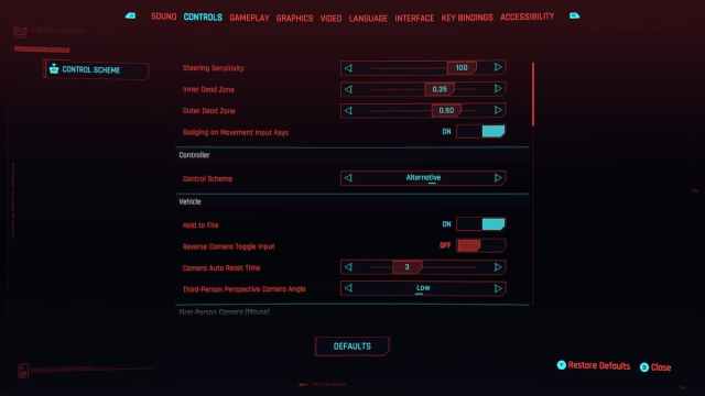 A screenshot of the Controls Settings menu in Cyberpunk 2077.
