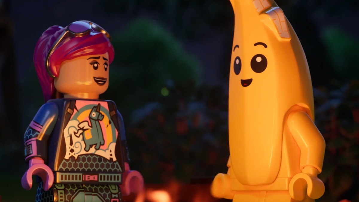 Main character and banana character sitting around campfire and talking in LEGO Fortnite opening cutscene
