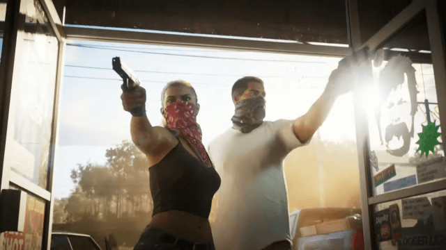 Lucia and Jason robbing a store with their weapons drawn in GTA 6.
