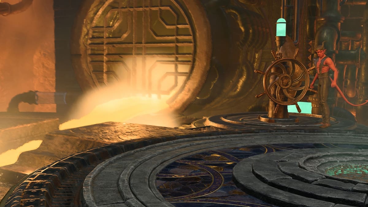 A character works a mechanism in a forge surrounded by lava.