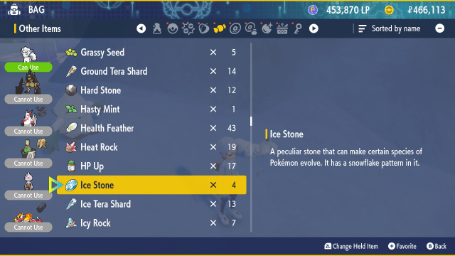 A screenshot from Pokémon Scarlet and Violet The Indigo Disk showing the items menu and an Ice Stone.