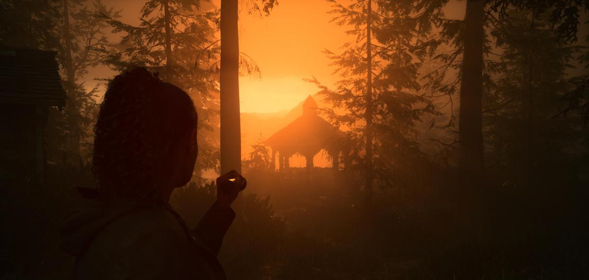 An in game screenshot of the gazebo in the rental cabins area from Alan Wake 2