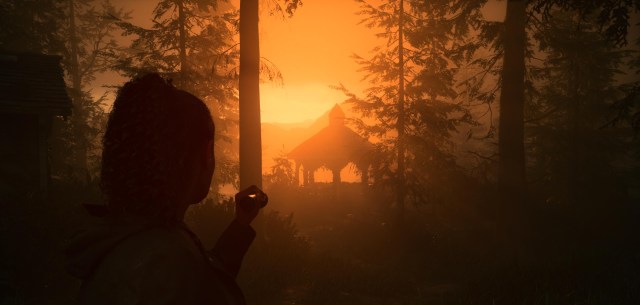 An in game screenshot of the gazebo in the rental cabins area from Alan Wake 2