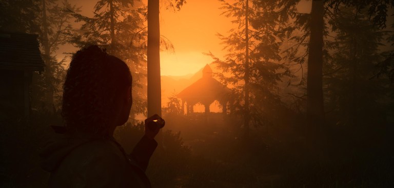 An in game screenshot of the gazebo in the rental cabins area from Alan Wake 2