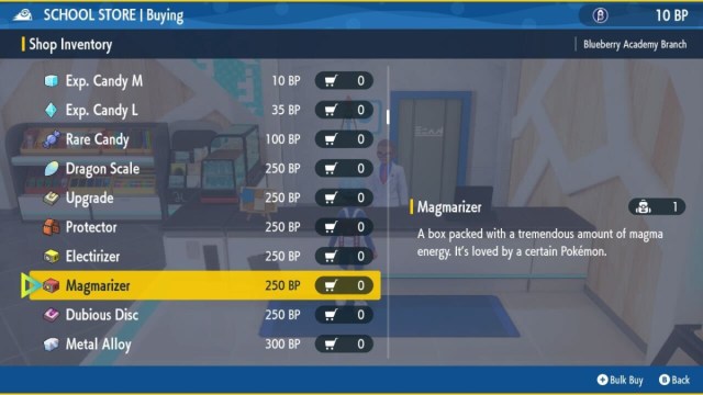 A screenshot of the School Store in The Indigo Disk showing a Magmarizer.
