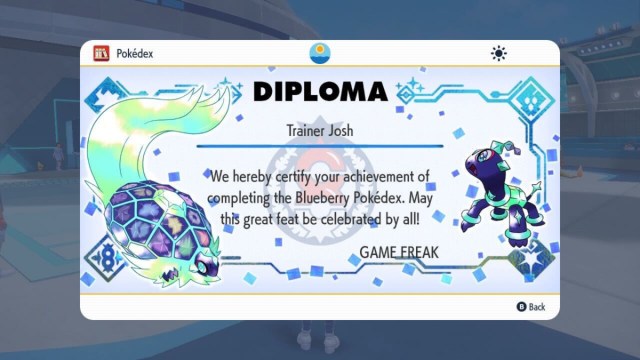 A screenshot of the Diploma awarded for completing the Indigo Disk Pokedex.