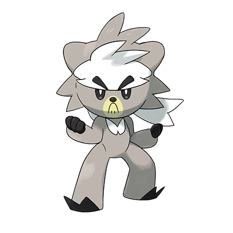 The official art of Kubfu, the Wushu Pokémon. It is a small gray bear in a fighting pose wearing a white headband.