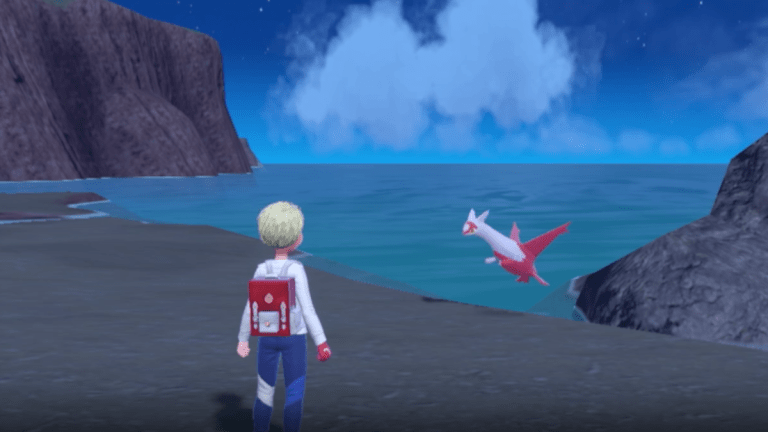 Latias floating near the ocean.