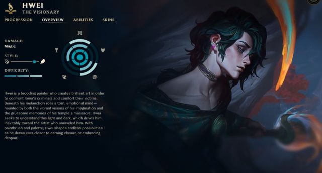 A screenshot of Hwei's champion overview and splash art in League of Legends.