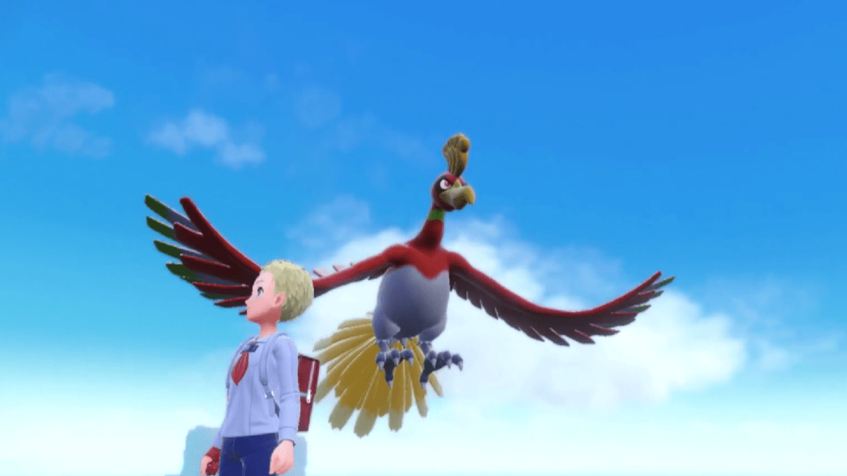 Ho-oh flying in the sky above a trainer in Pokémon Scarlet and Violet