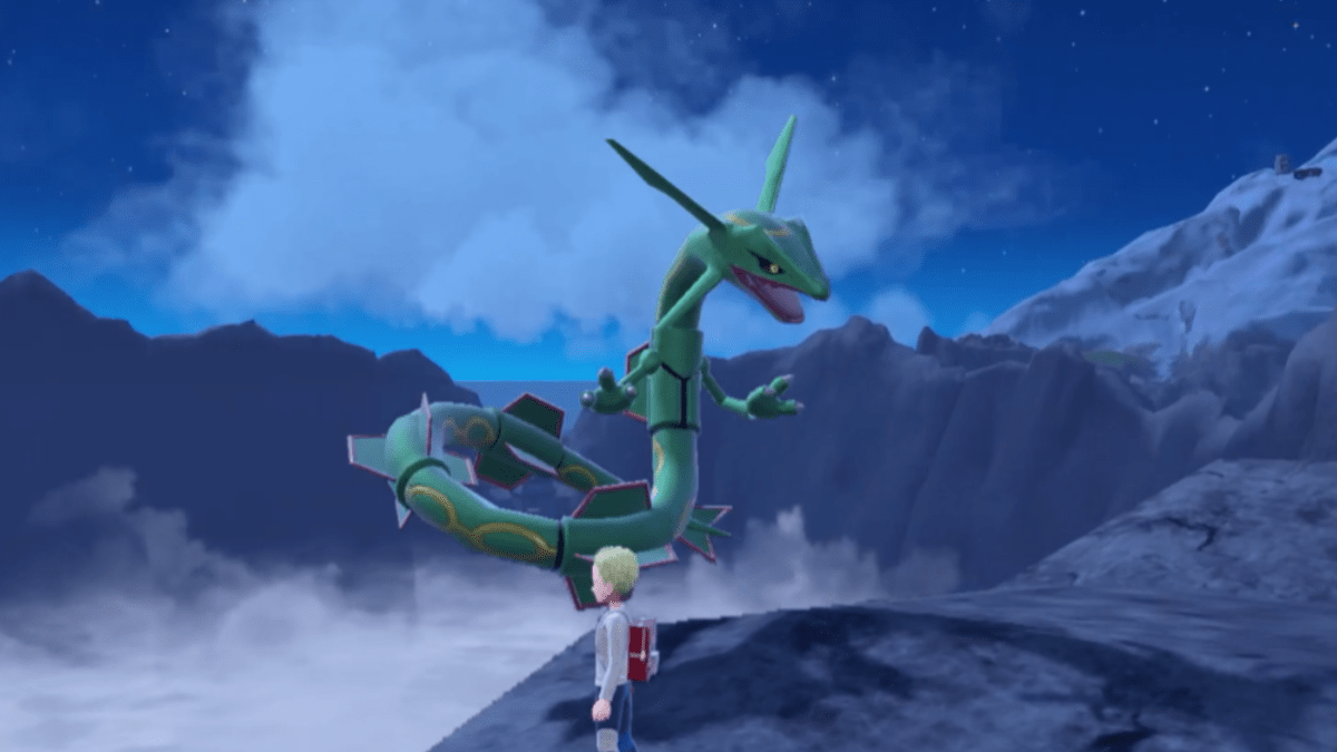 Rayquaza floating in the sky in Pokémon Scarlet and Violet
