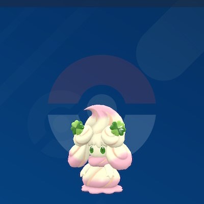 A Ruby Swirl Alcremie stands on a Pokéball Background in Pokémon Scarlet and Violet.