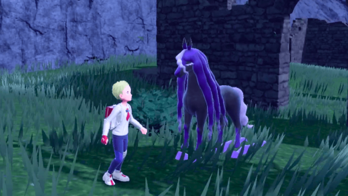 Spectrier standing in the grass front of the trainer in Pokémon Scarlet and Violet