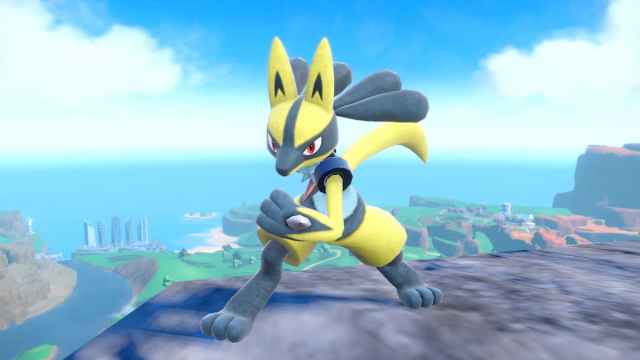 A Shiny Lucario posing on top of a mountain.
