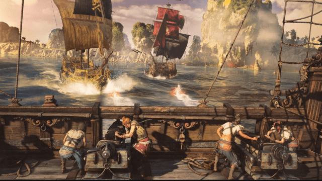 Ships fire cannons at one another in a bay in Skull and Bones.