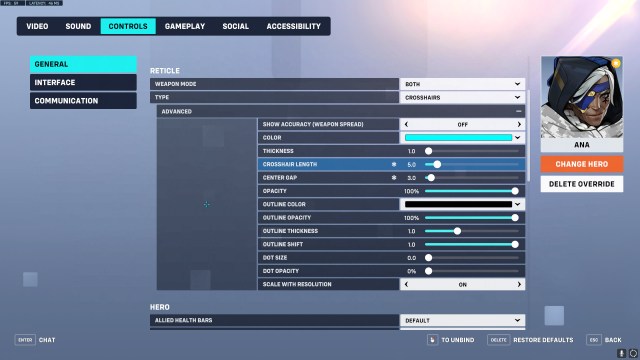 Settings for an Ana crosshair in Overwatch 2