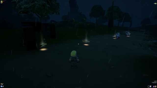 Lego Fortnite cows following a trial of food while the player character is observing