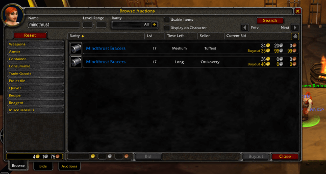 The WoW auction house interface showing off the current price of the Mindthrust Bracers
