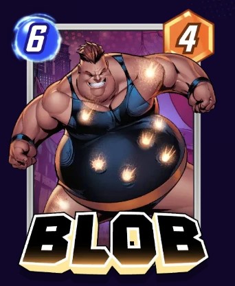 Blob card, wearing his spandex and receiving the bullets.