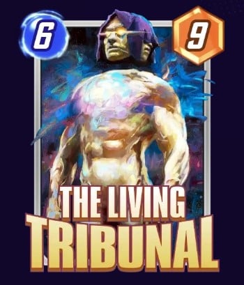 The Living Tribunal card, wearing its purple head cape.