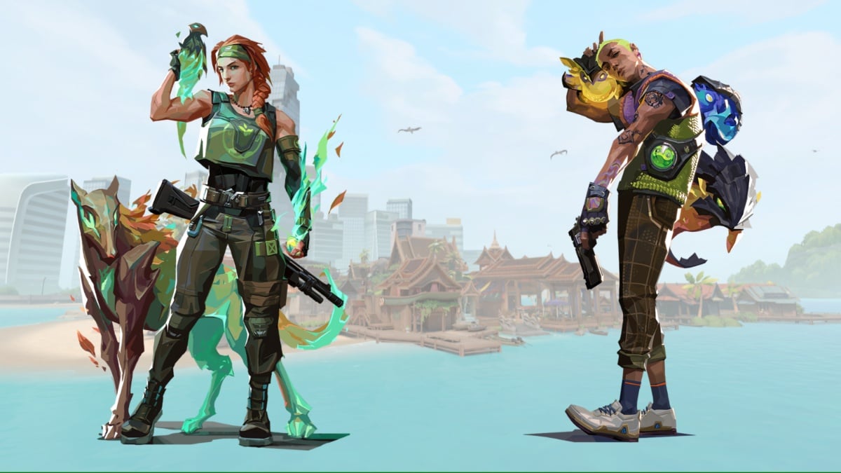 Skye and Gekko in Drift map background in VALORANT.