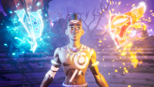 A Shaman in Tales of Kenzera being surrounded by two spirits.