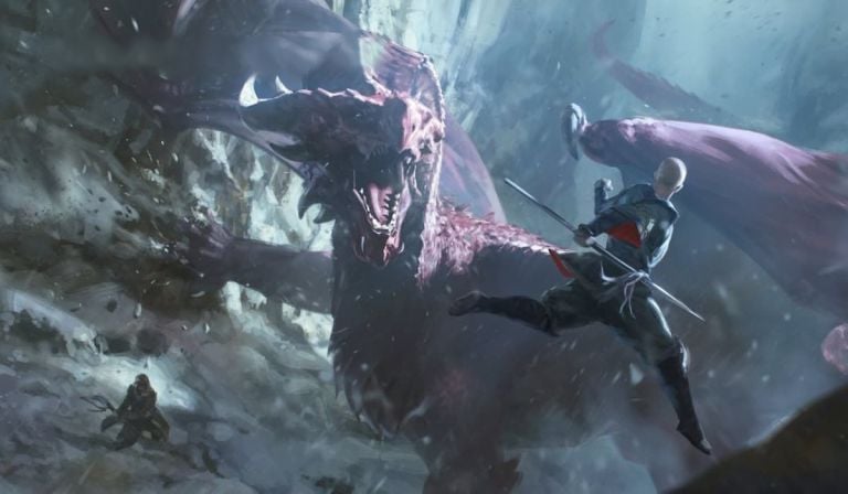 An angry dragon and a fearless monk fighting on Tarkir