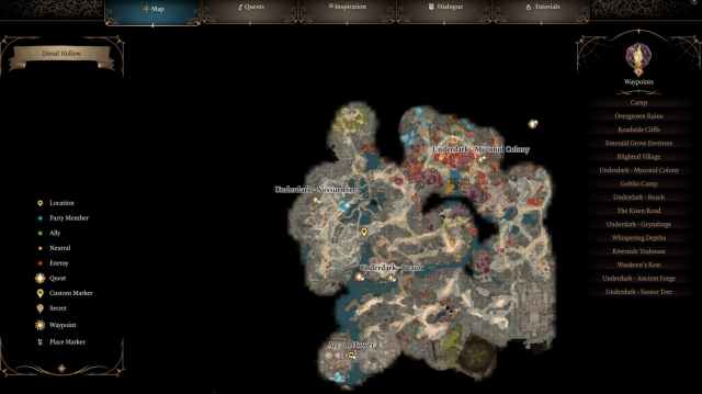 A screenshot of the map in Baldur's Gate 3 highlighting for players the Underdark - Beach location.