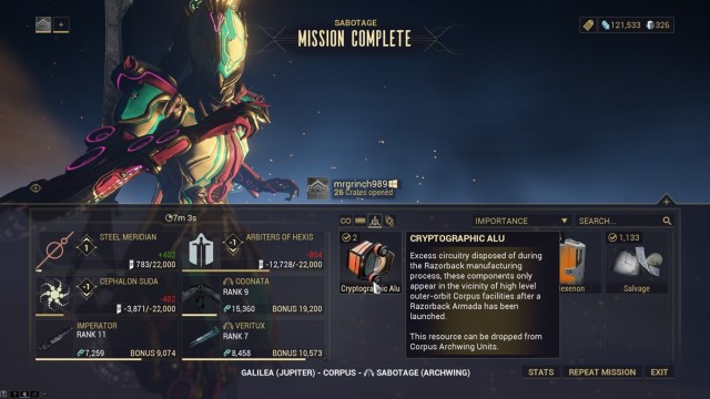 Mission screen in Warframe showing the items obtained