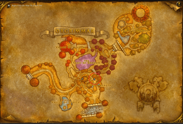 Map of Orgrimmar showing the exact location of Supplies Officer