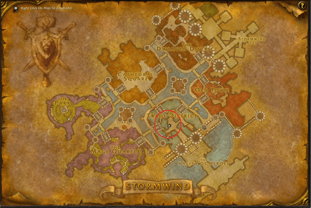 Map of Stormwind showing the exact location of Supplies Officer
