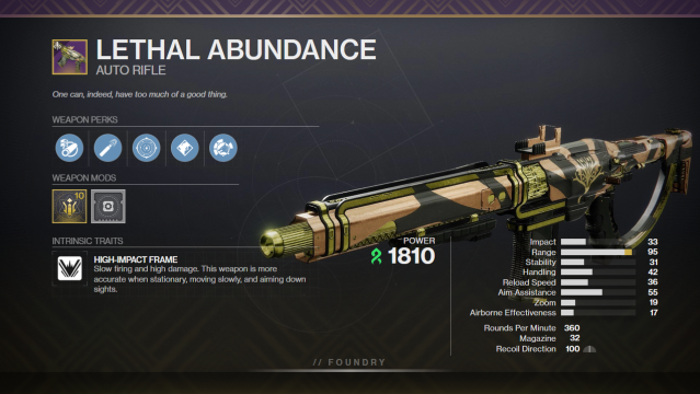 A graphic mimicking the in-game weapon inspect screen. Lethal Abundance is shown, equipped with Keep Away and Tap The Trigger as its two perks.