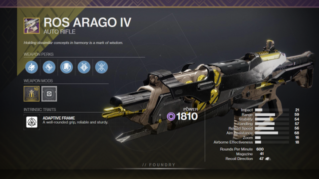 A graphic depicting Ros Arago IV alongside its perks and stats. It has Rewind Rounds and Onslaught equipped.