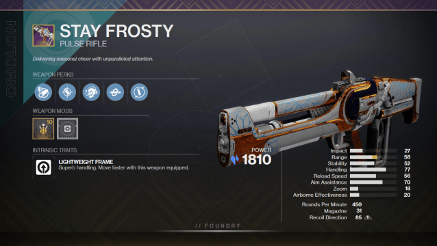 A graphic depicting Stay Frosty with its perks and stats. It has Encore and Kill Clip equipped.