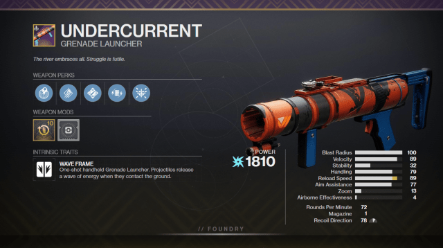 A graphic depicting the Undercurrent Grenade Launcher with its perks and stats. It has Ambitious Assassin and Voltshot equipped.