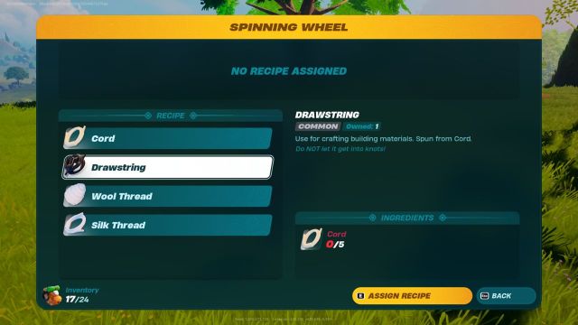 LEGO Fortnite spinning wheel screenshot showing the Drawstring recipe