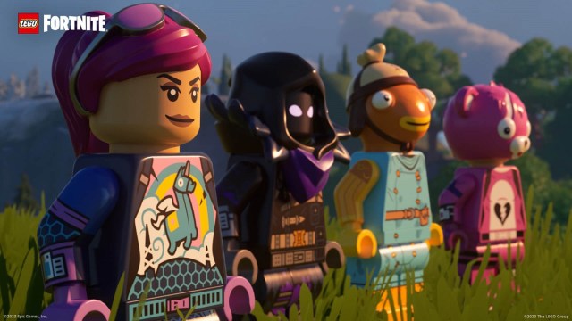 Four LEGO Fortnite characters standing next to each other.