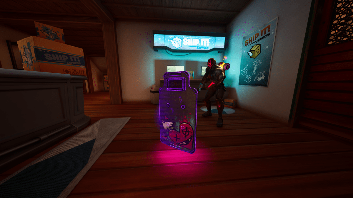 A Ballistic Shield on the ground in front of a player in Fortnite.